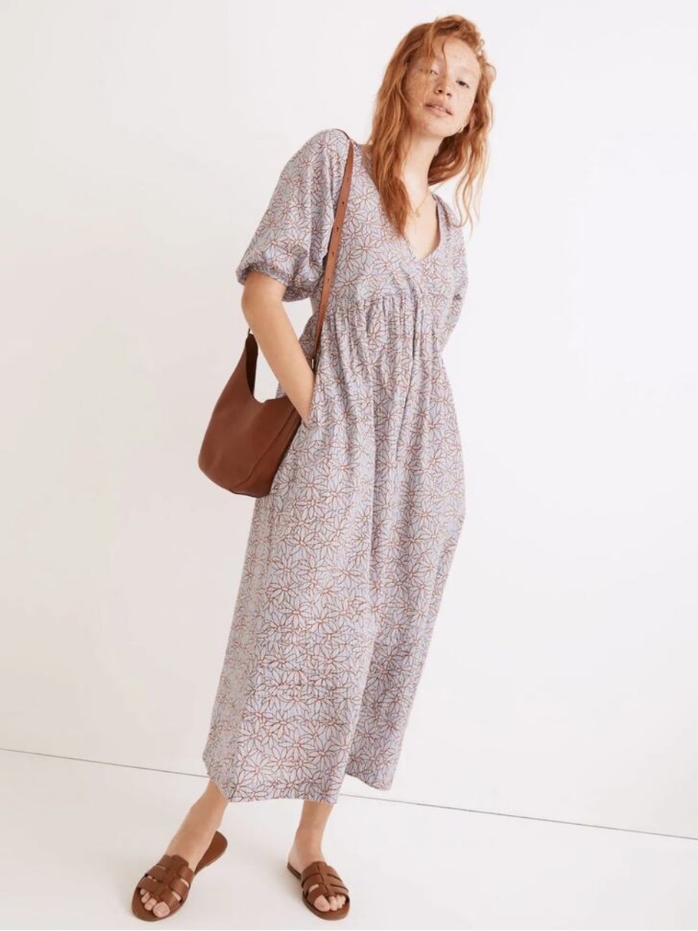 Madewell Marianna Puff Sleeve Dress Women Small Blue Floral Midi 100% Cotton